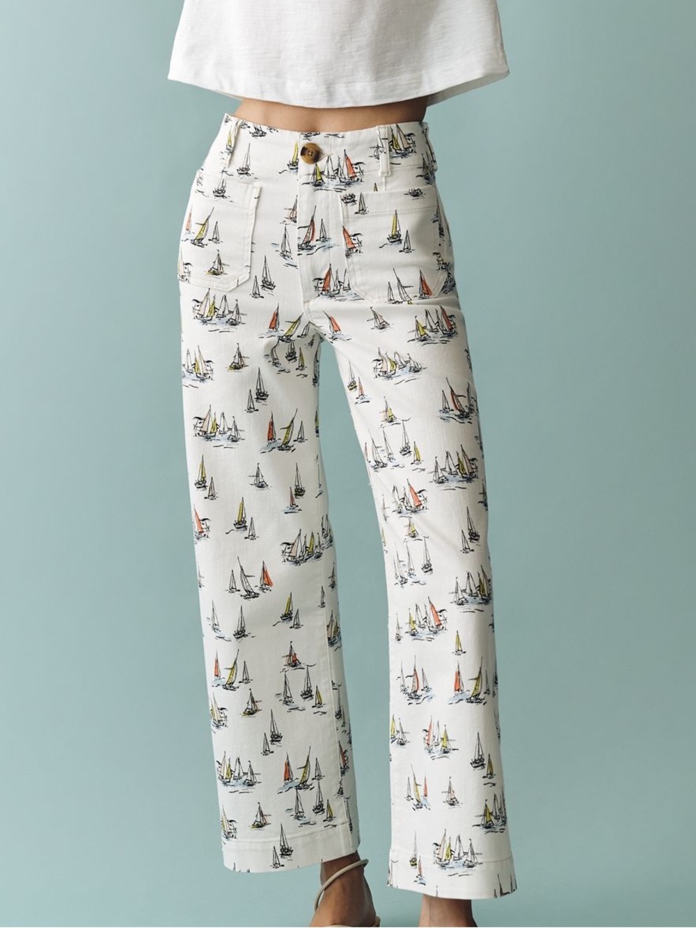 ⛵️Anthropologie Colette Jeans Maeve Wide Leg Full Length New 29 White Sailboats